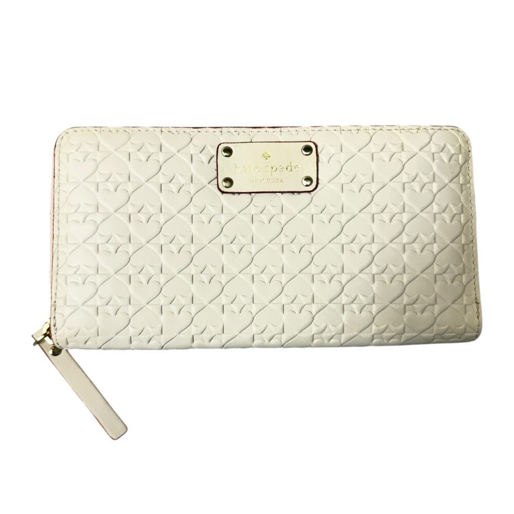 Kate Spade Penn Place Leather Wallet Embossed Pebble Zip Around Ivory Logo *